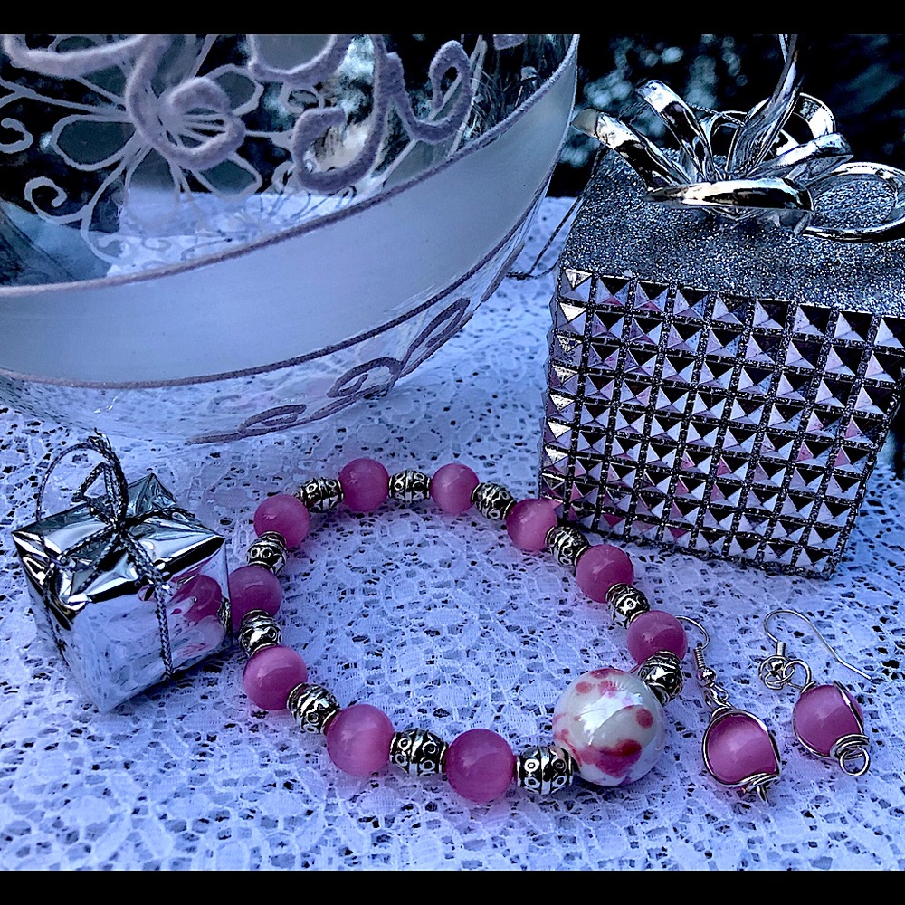Pink Tiger Eye Bracelet & Earring Set